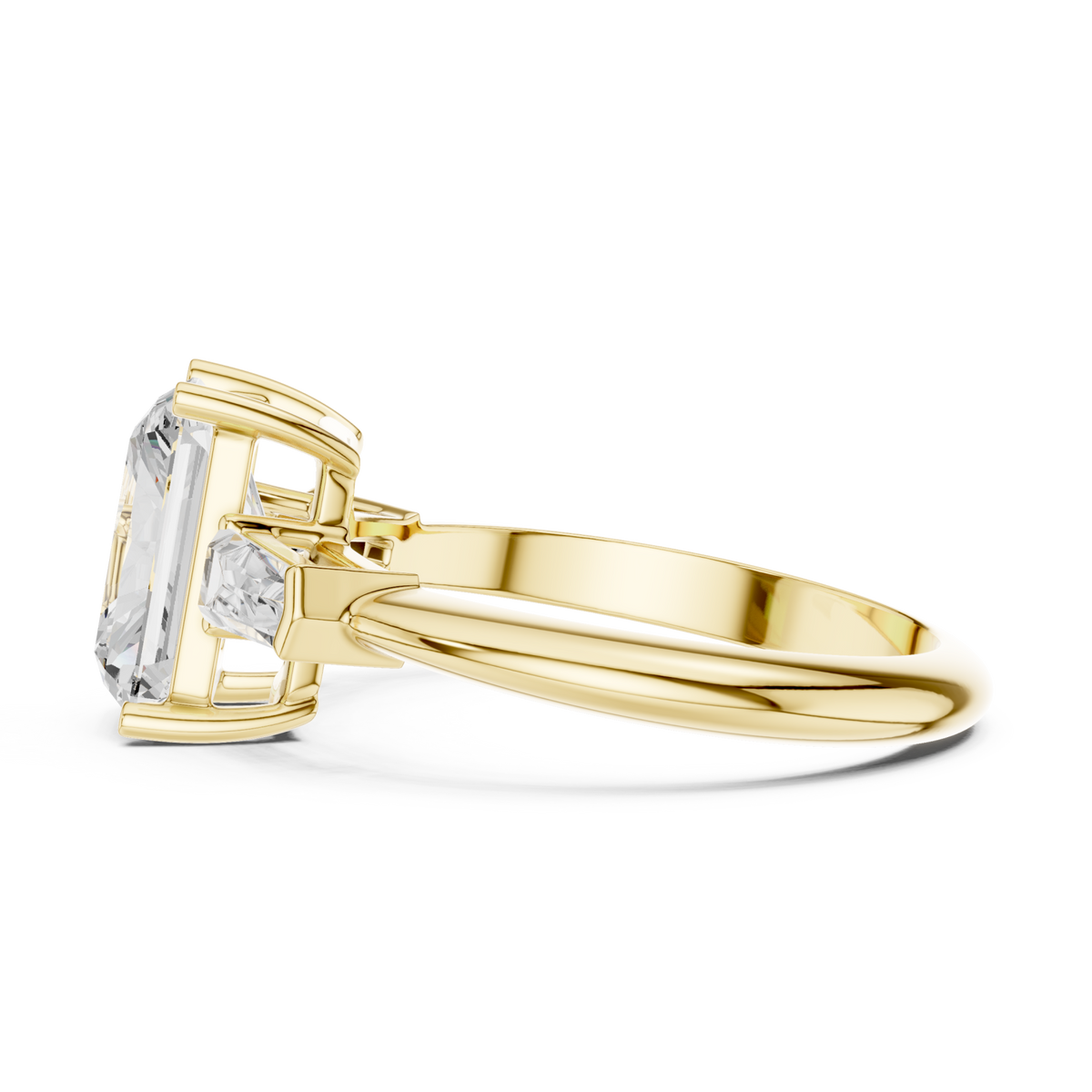 Radiant petite baguette three stone engagement ring yellow gold side view