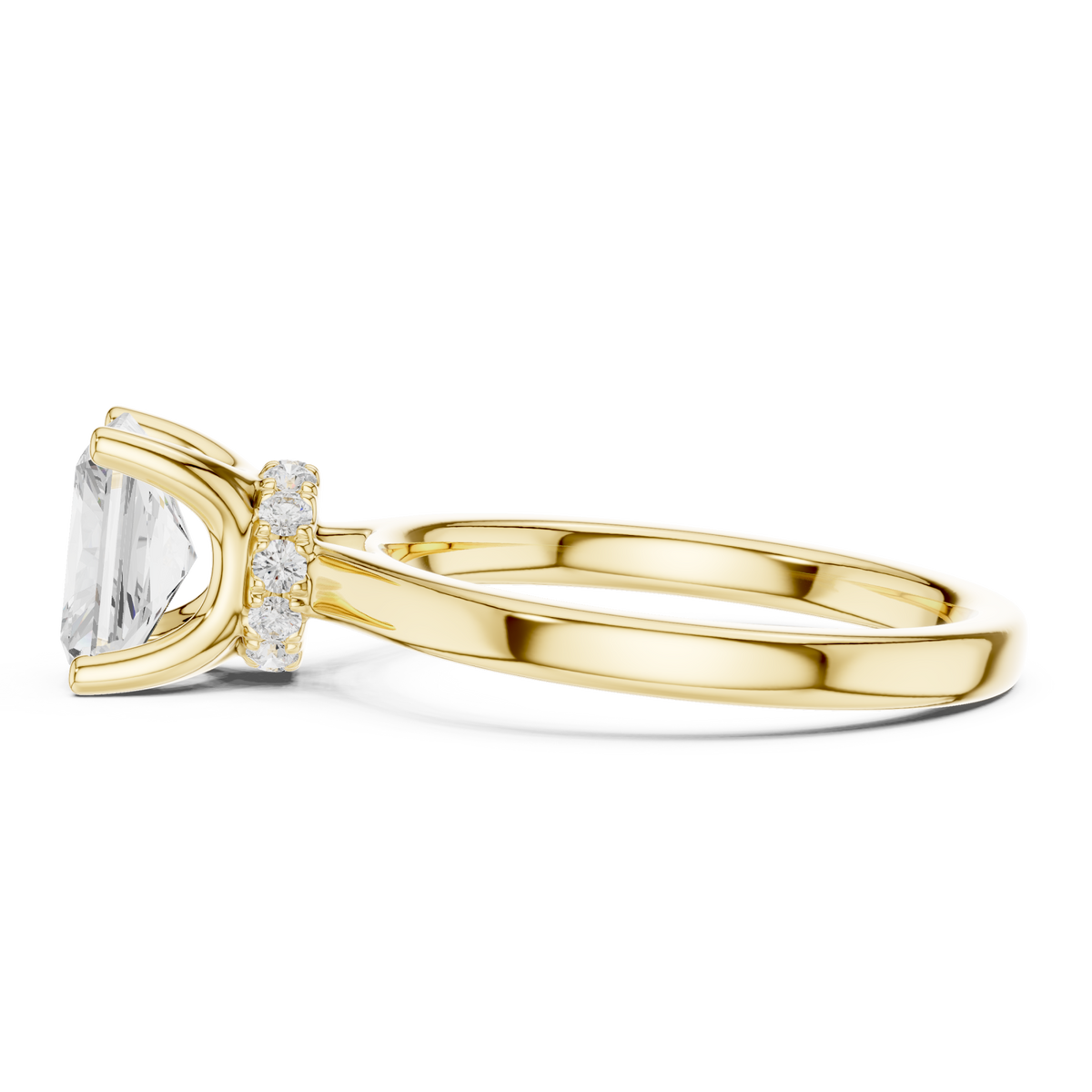 Radiant petite hidden halo solitaire engagement ring yellow gold side view