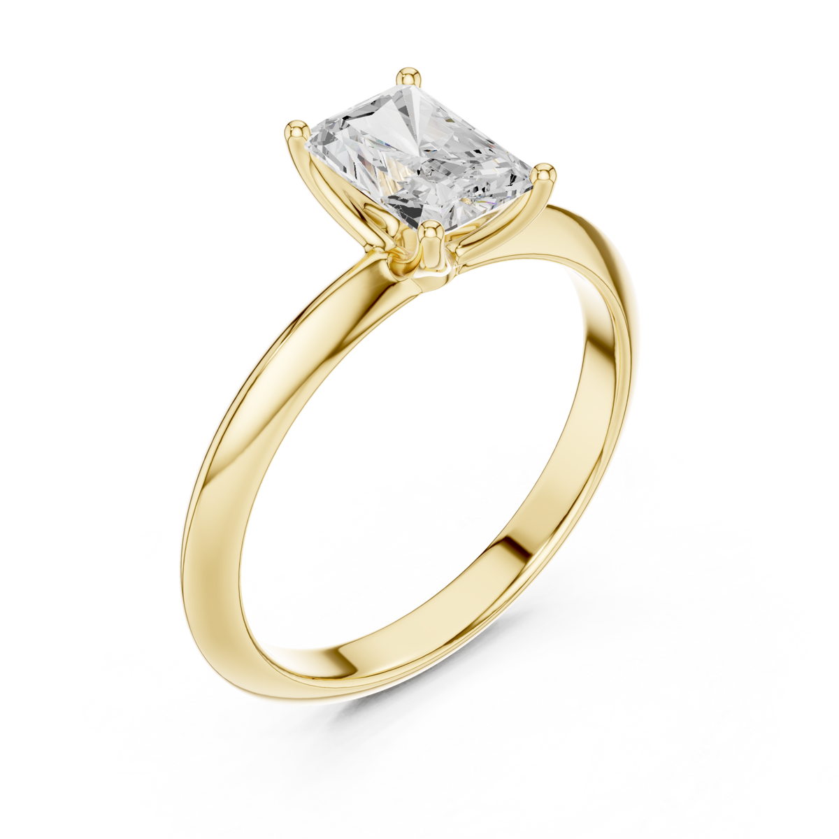 Radiant petite solitaire engagement ring yellow gold angle view