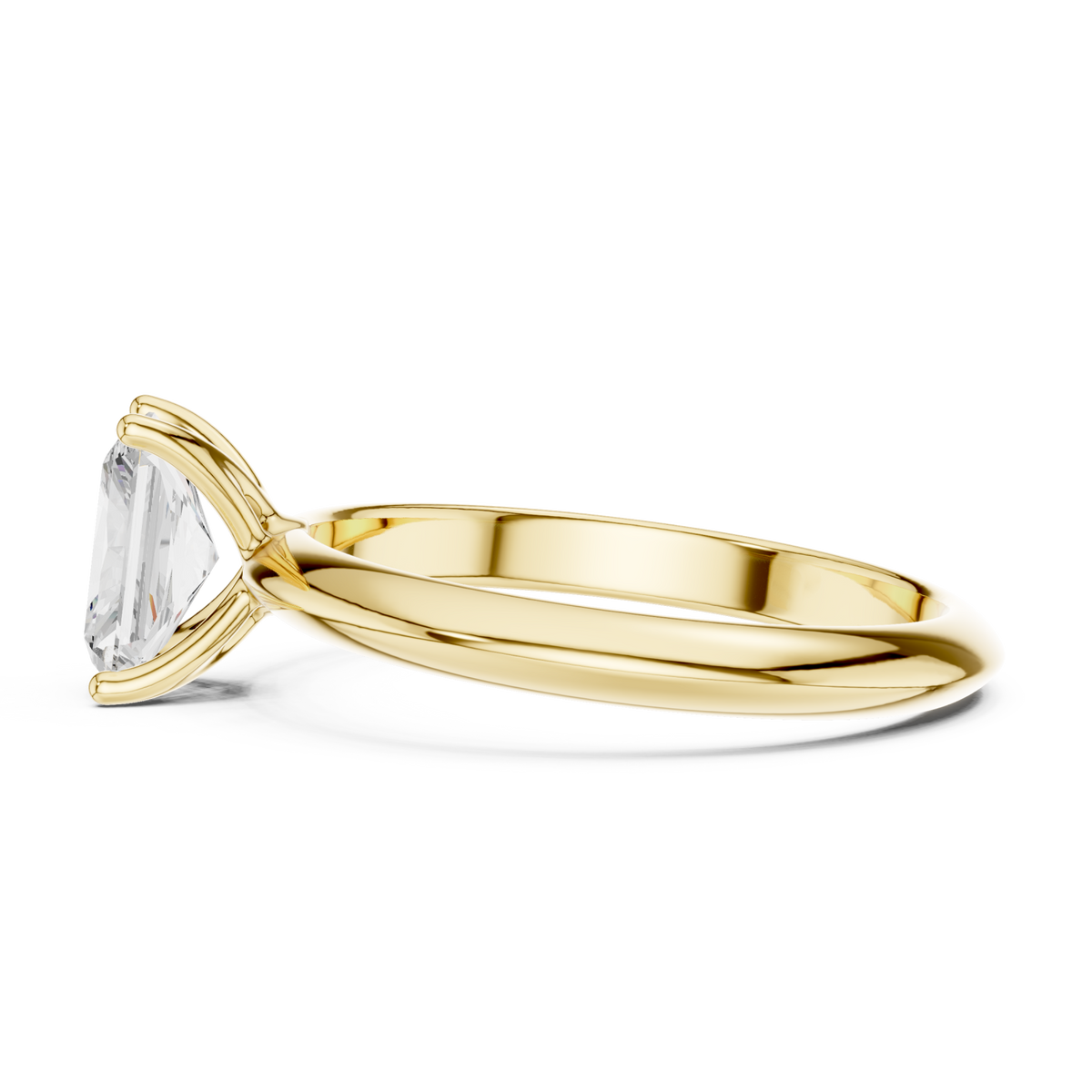 Radiant petite solitaire engagement ring yellow gold side view