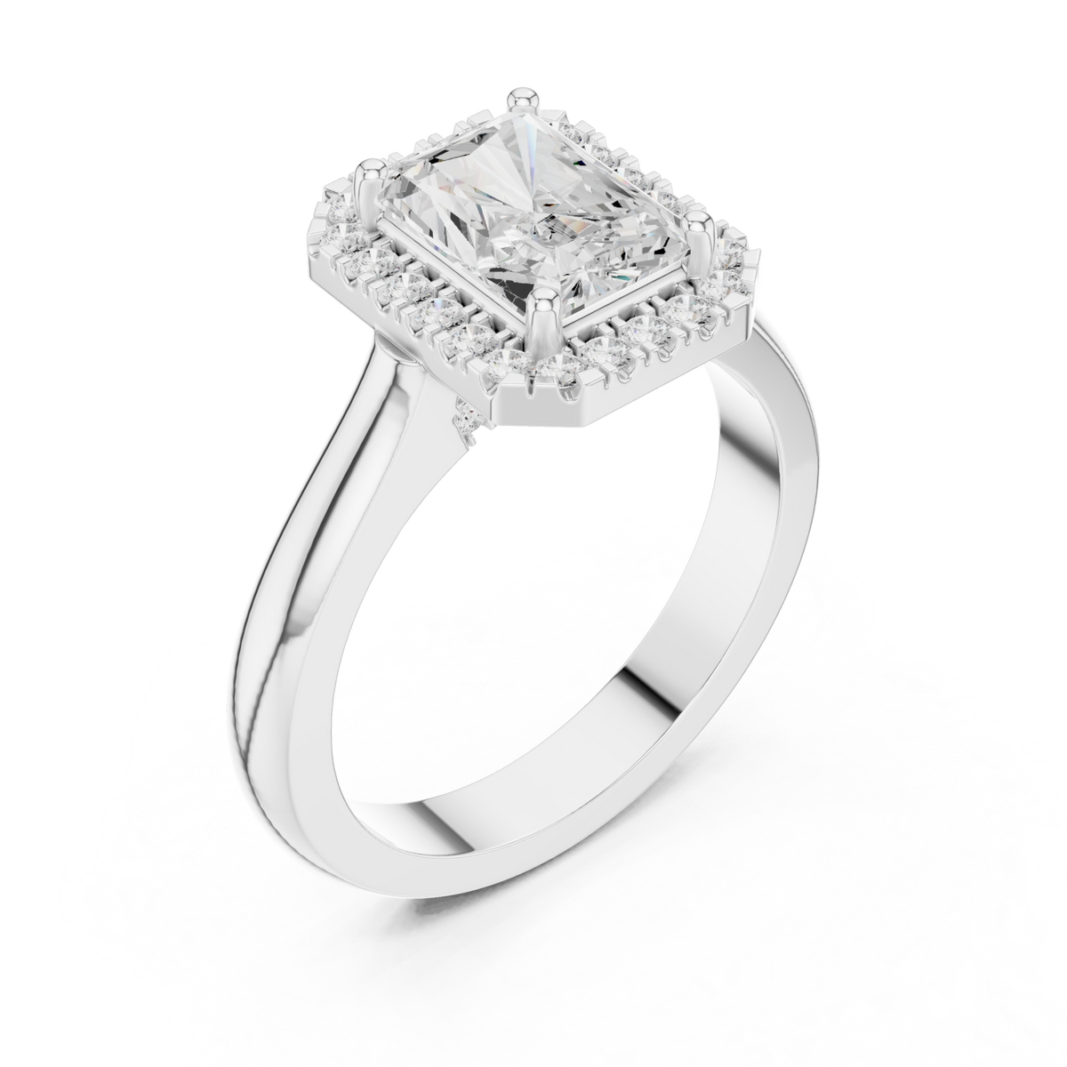 Radiant polished band halo engagement ring white gold angle view