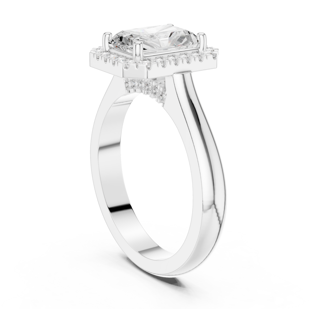 Radiant polished band halo engagement ring white gold front view