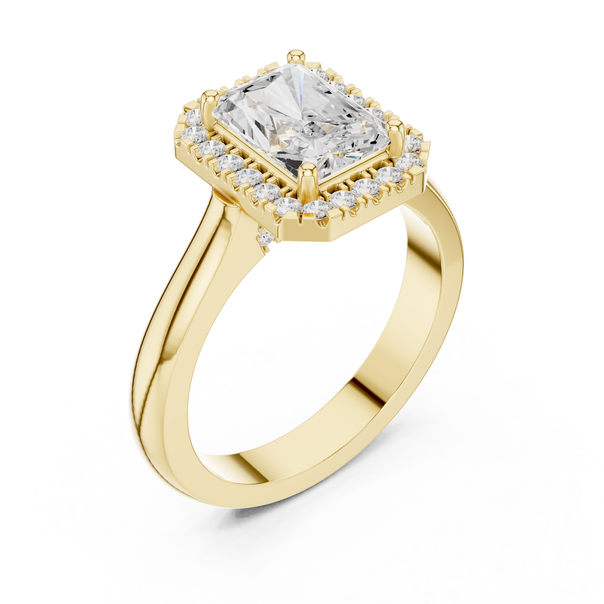 Radiant polished band halo engagement ring yellow gold angle view