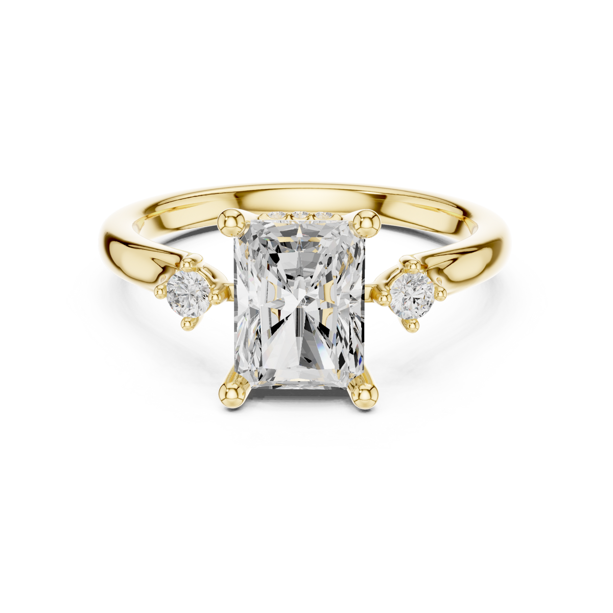Radiant round accent three stone engagement ring yellow gold detail view