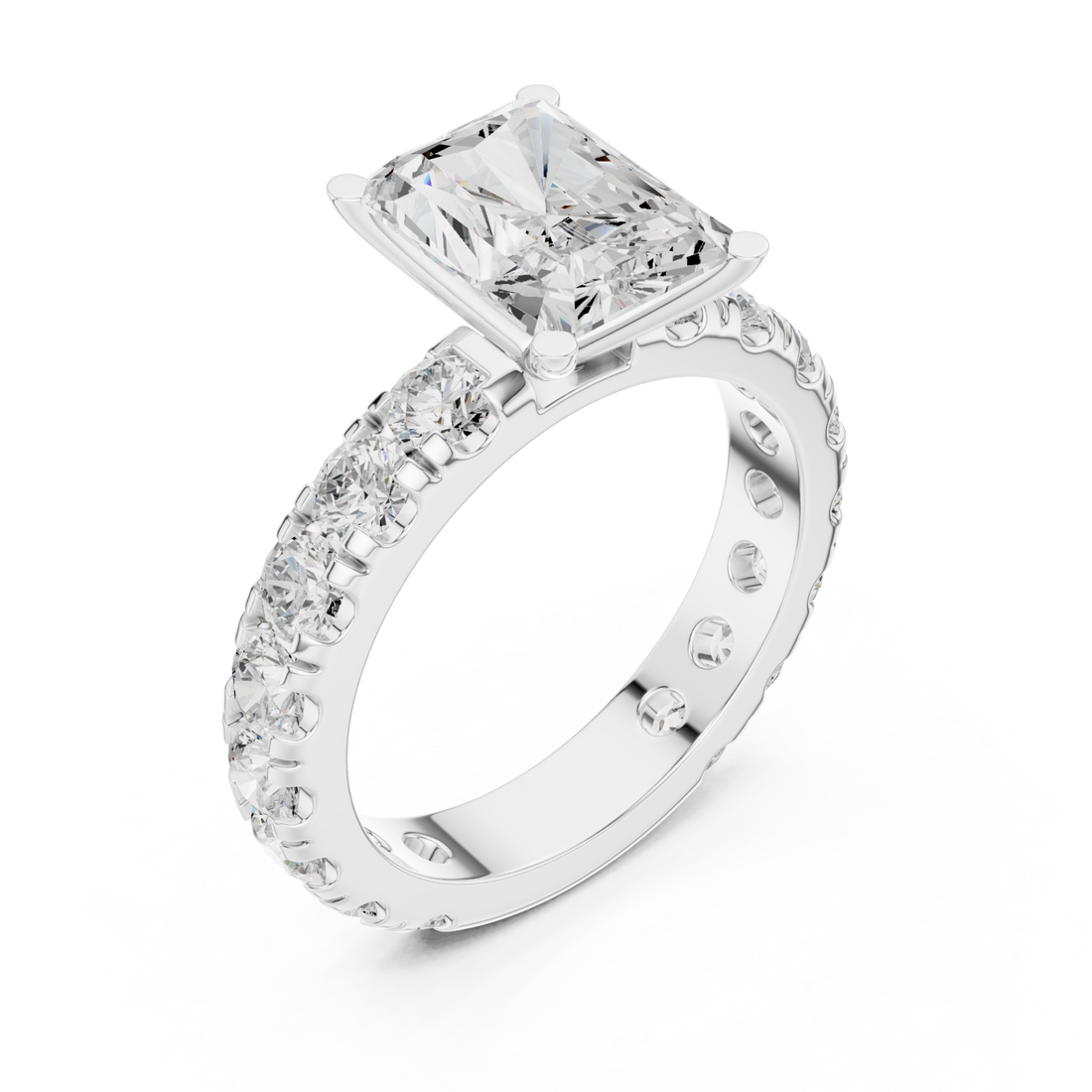 Radiant shared-prong accent engagement ring white gold front view