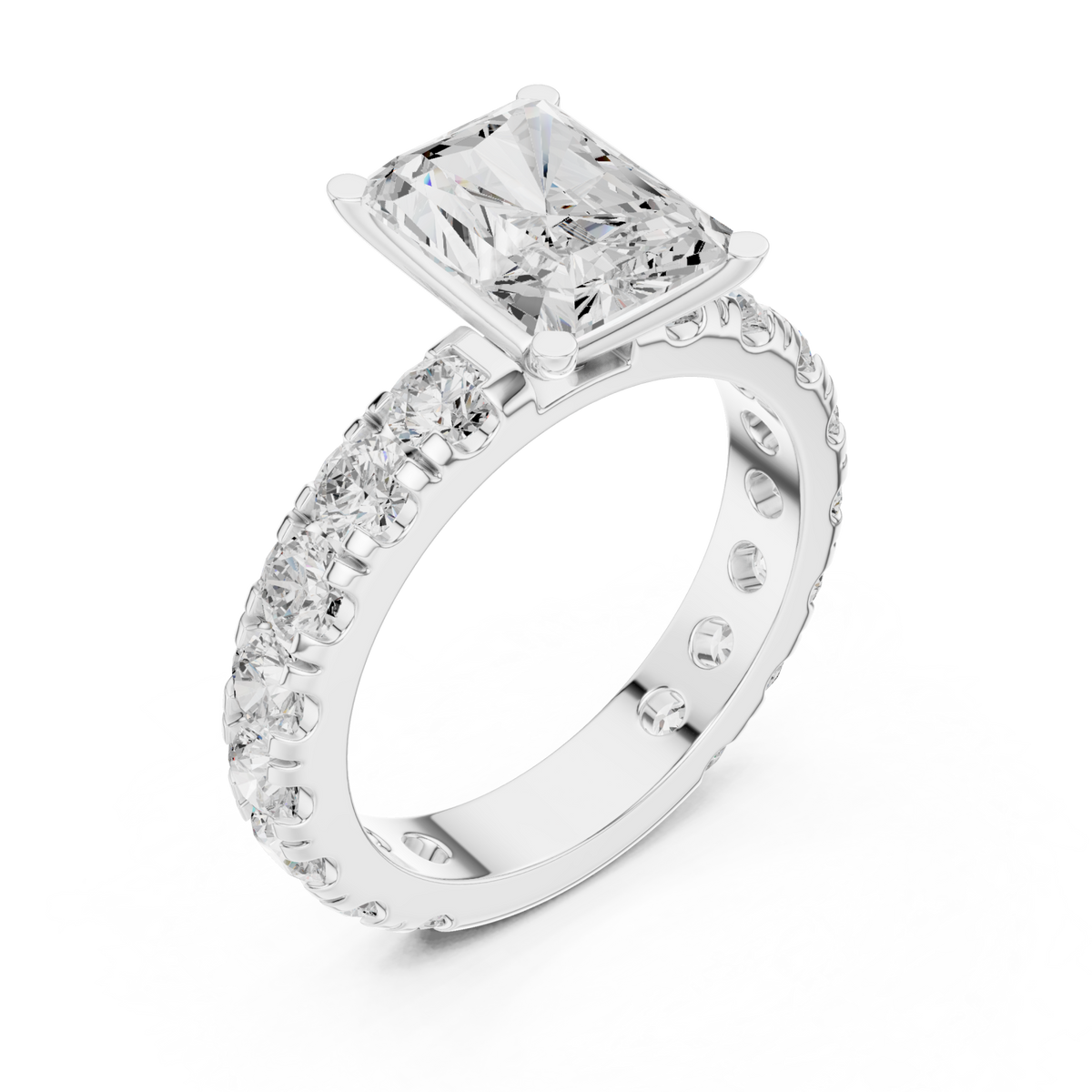 Radiant shared-prong accent engagement ring white gold angle view