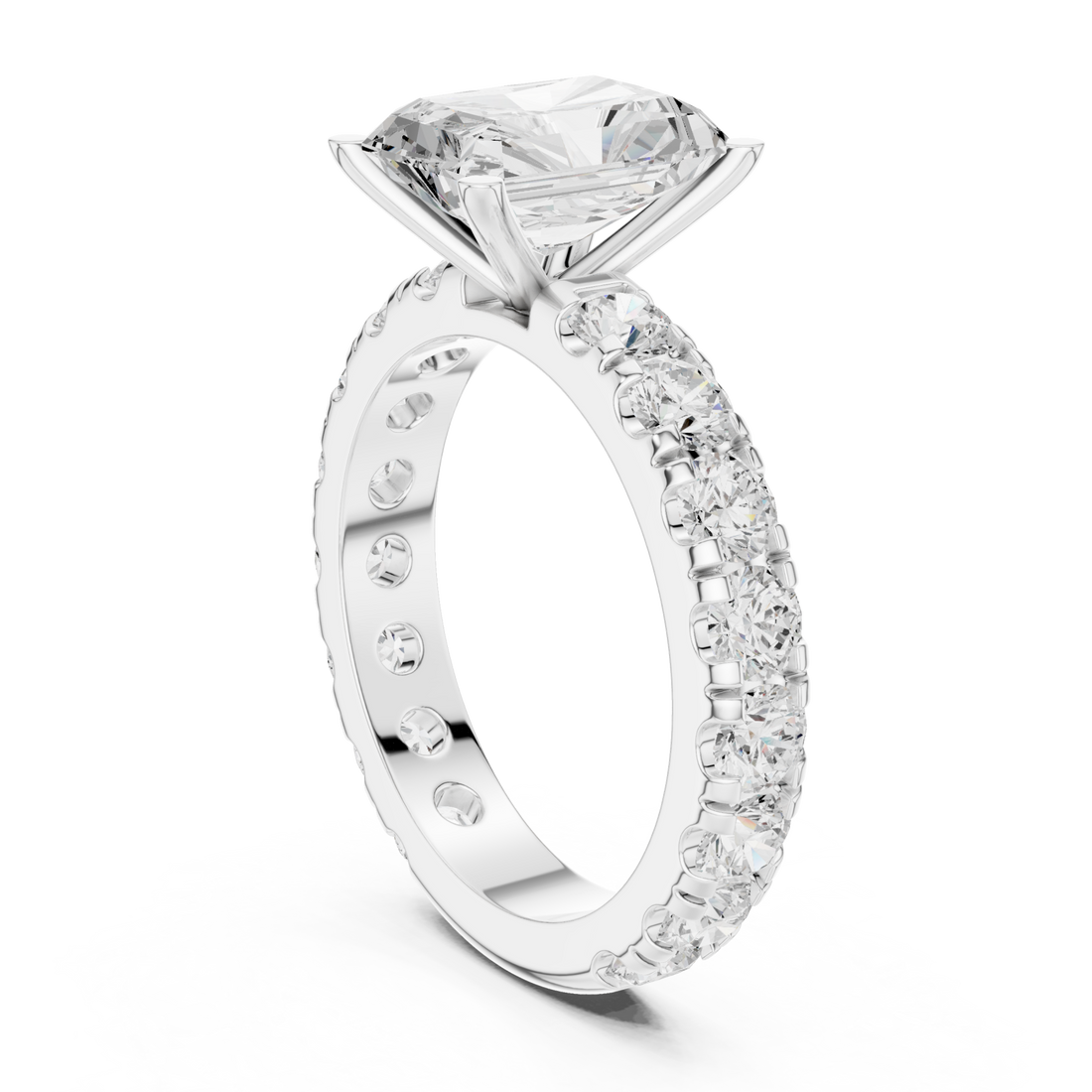 Radiant shared-prong accent engagement ring white gold front view