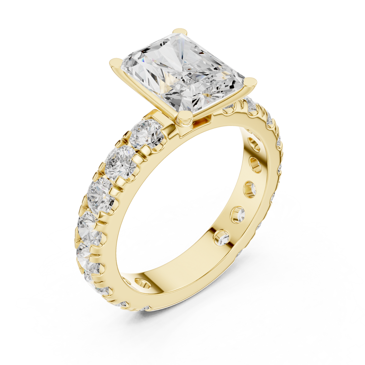 Radiant shared-prong accent engagement ring yellow gold angle view