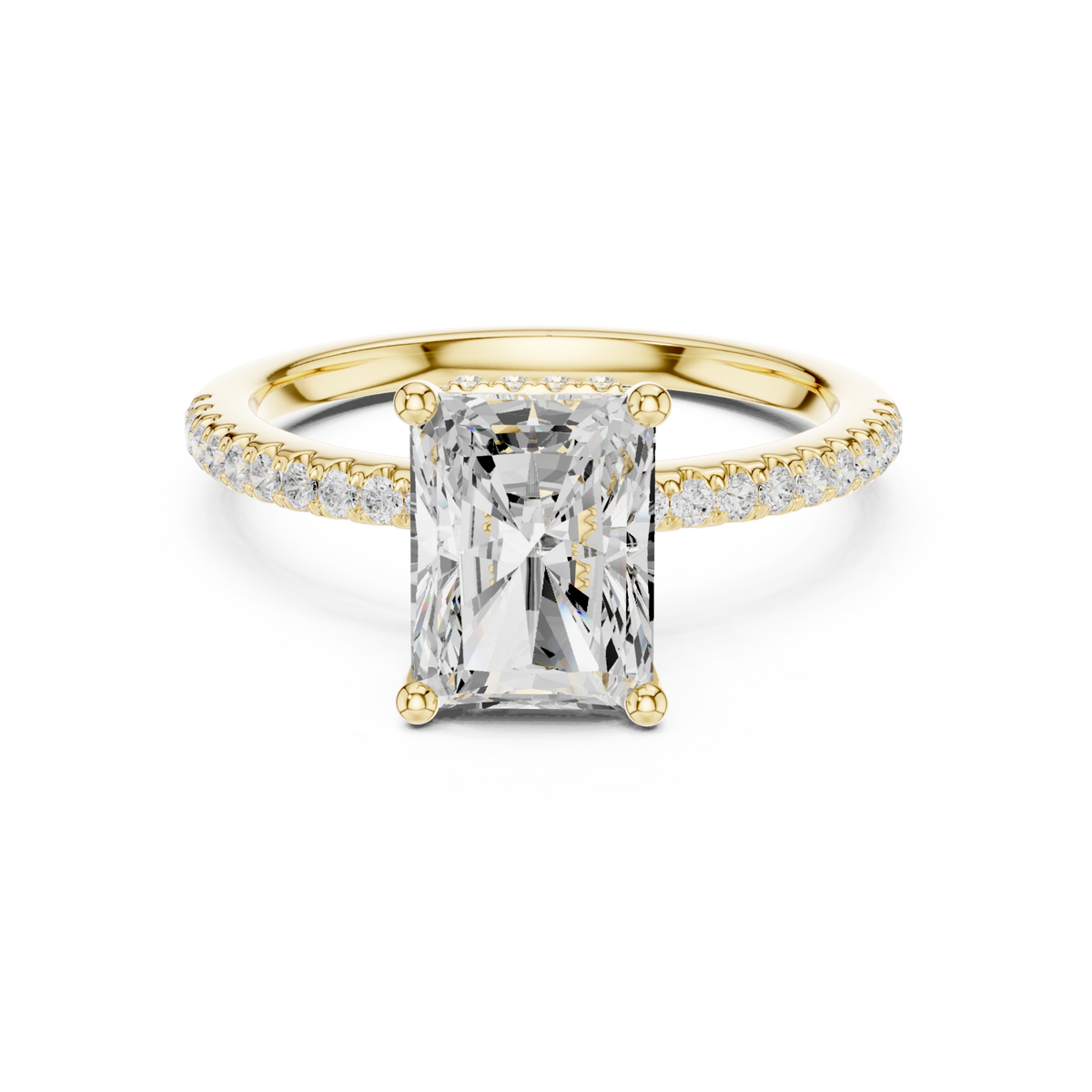 Radiant slim hidden halo pave engagement ring yellow gold detail view