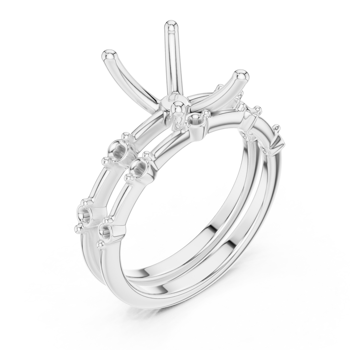 Radiant spaced accent bridal set white gold angle view