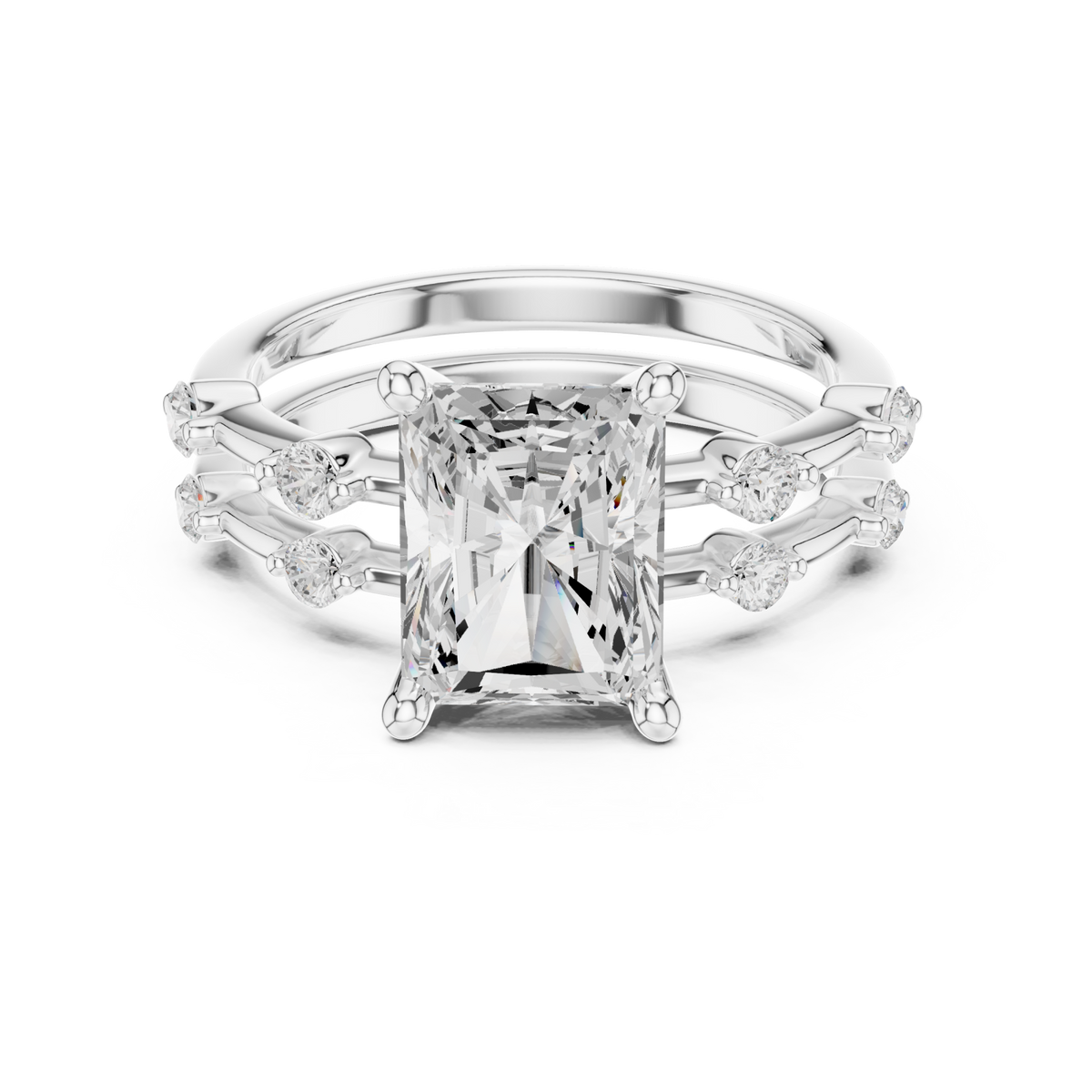 Radiant spaced accent bridal set white gold detail view