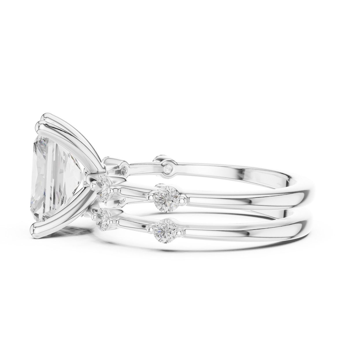 Radiant spaced accent bridal set white gold side view