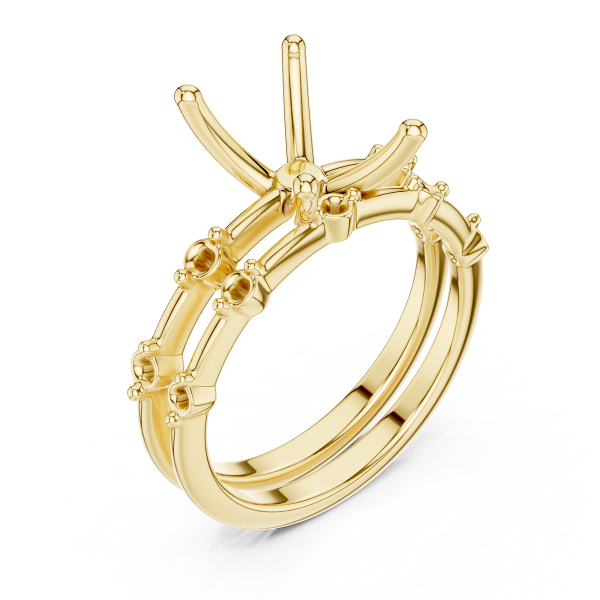 Radiant spaced accent bridal set yellow gold angle view
