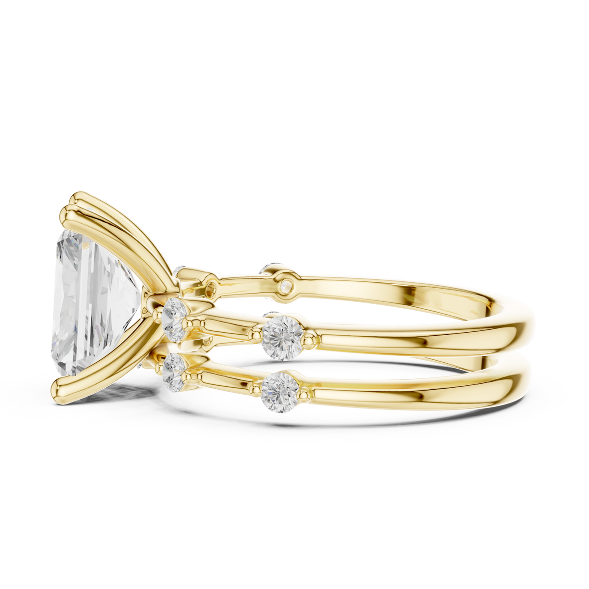 Radiant spaced accent bridal set yellow gold side view