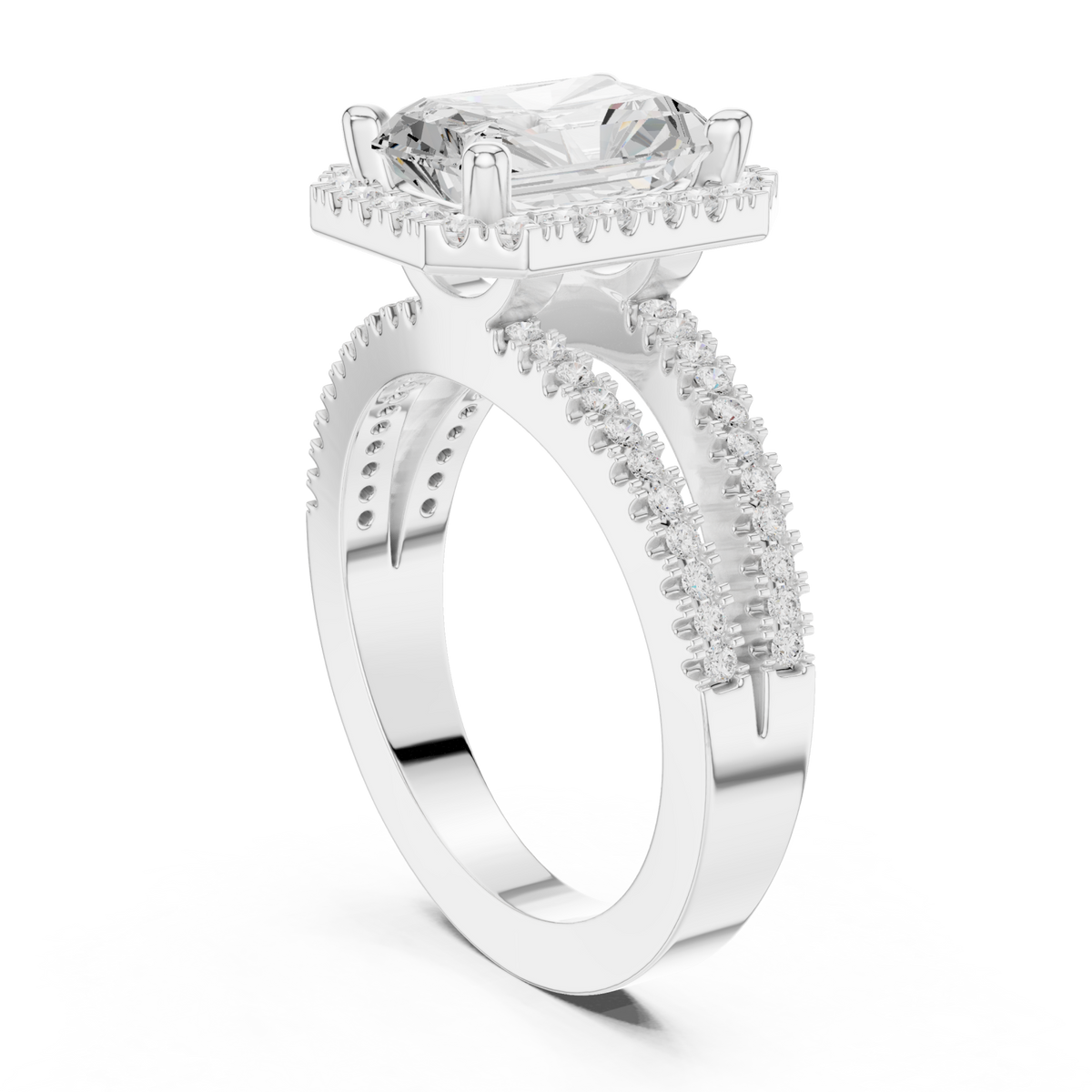 Radiant split shank halo engagement ring white gold front view