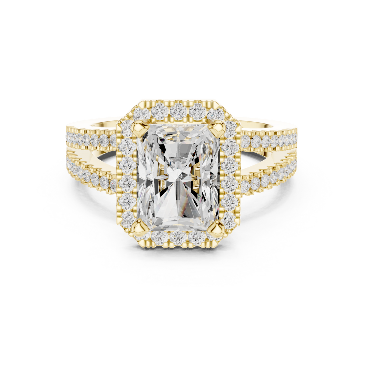 Radiant split shank halo engagement ring yellow gold detail view