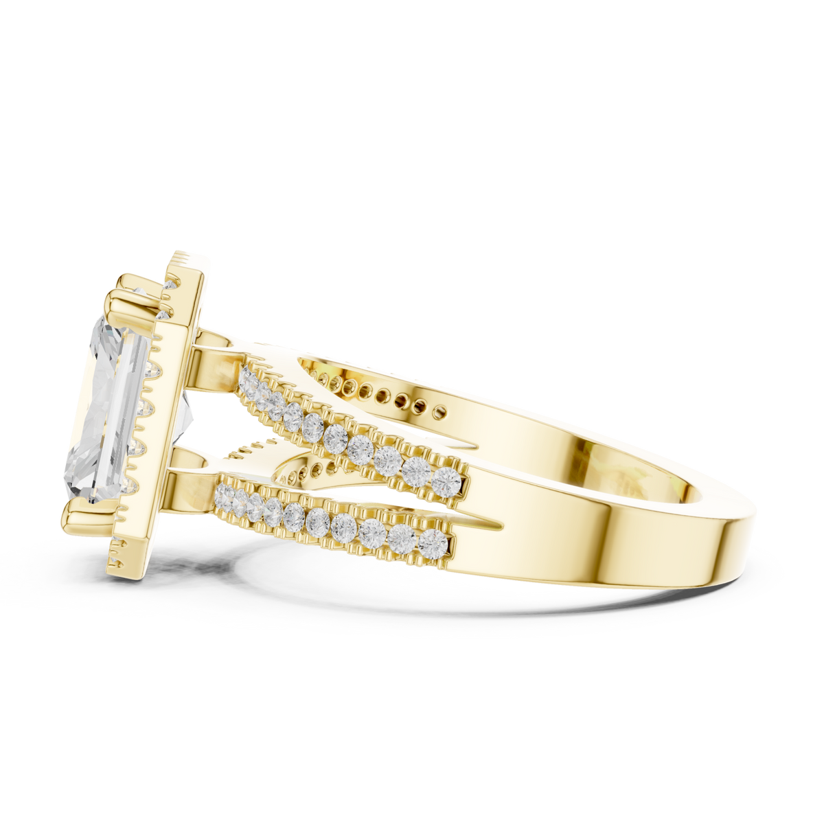 Radiant split shank halo engagement ring yellow gold side view