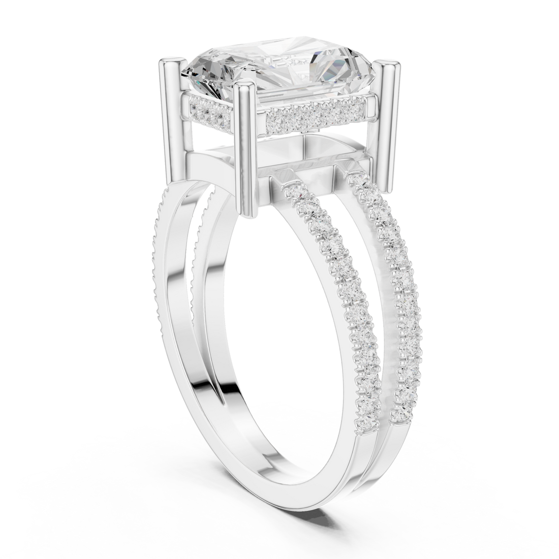 Radiant split shank pave solitaire engagement ring white gold front view