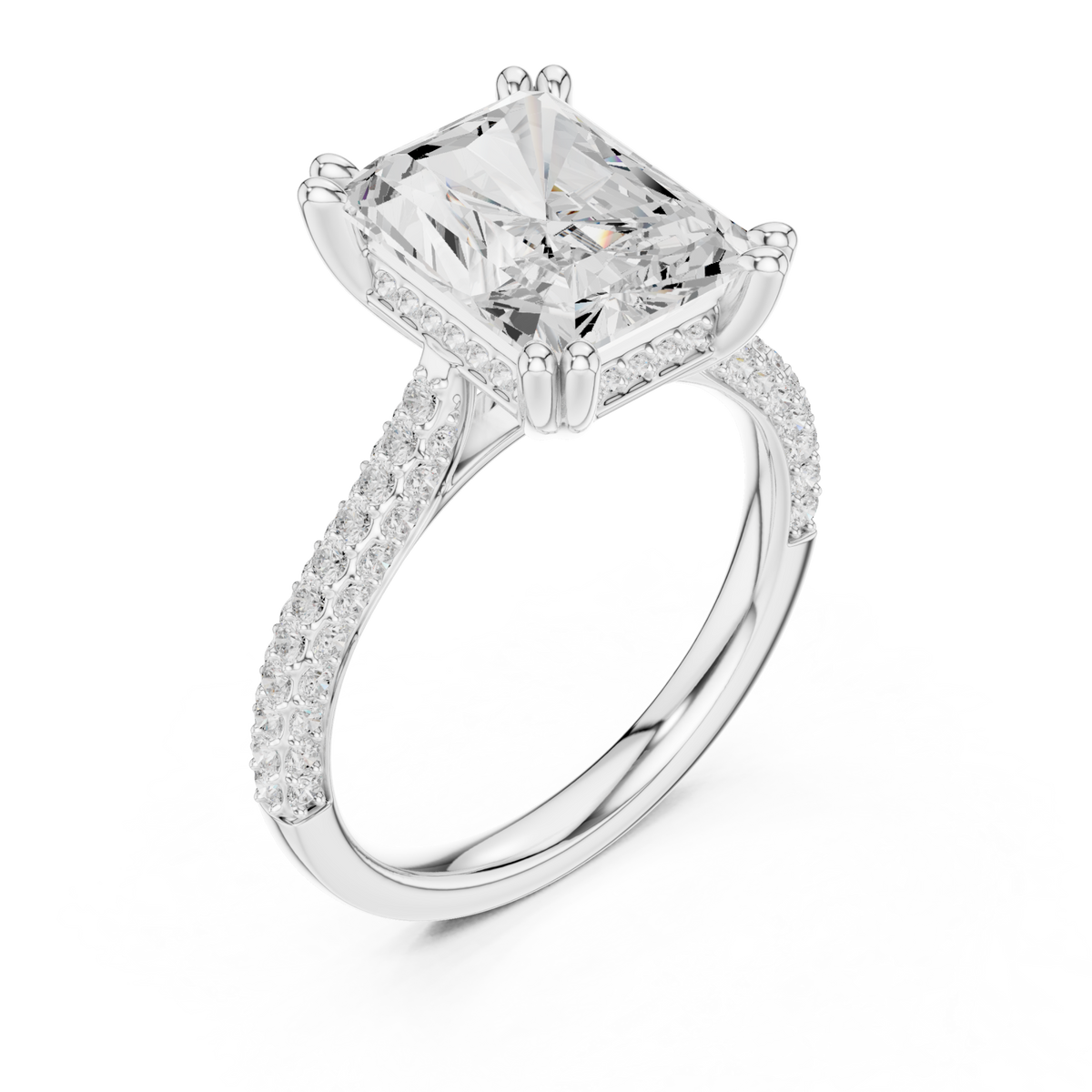 Radiant triple-row pave engagement ring white gold angle view
