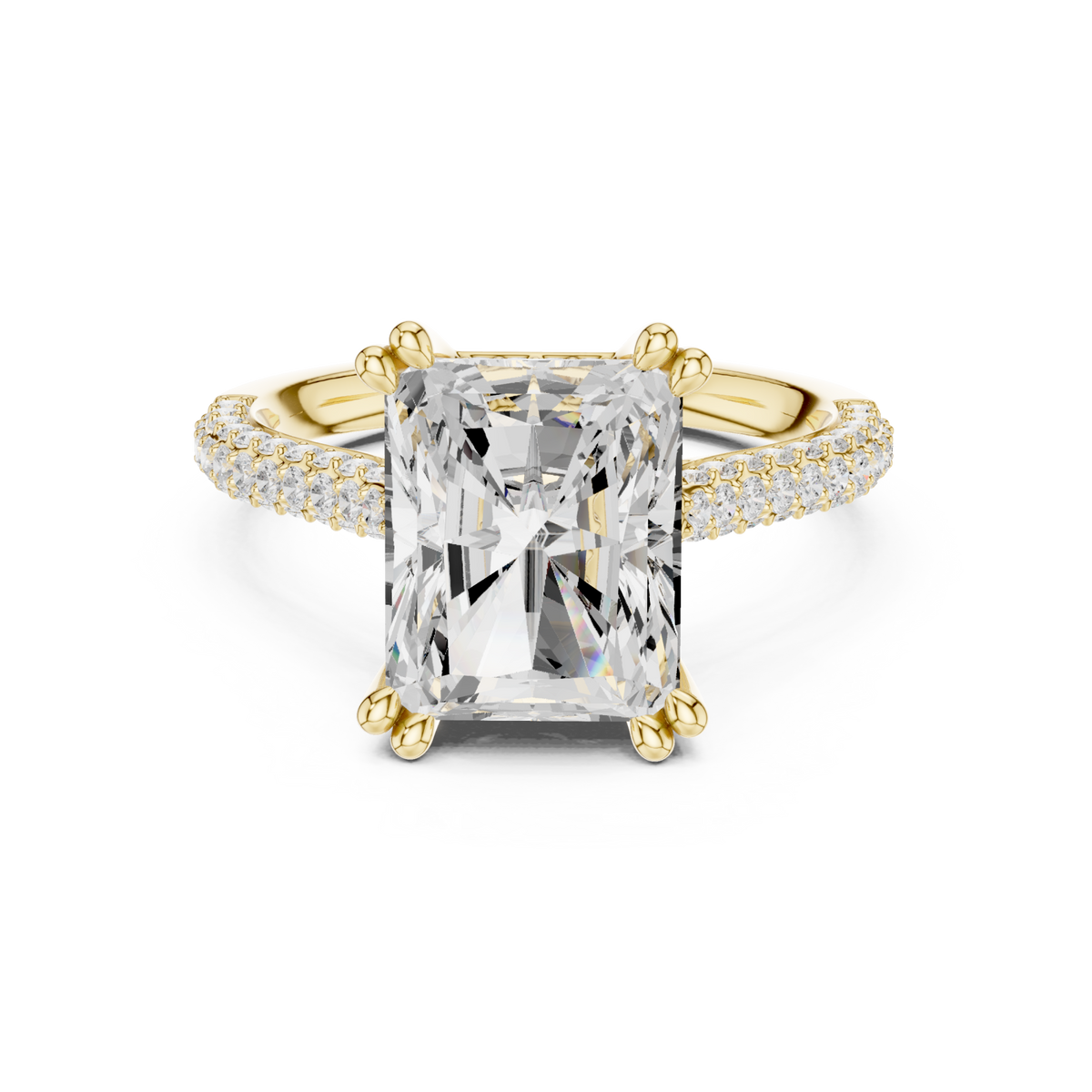 Radiant triple-row pave engagement ring yellow gold detail view