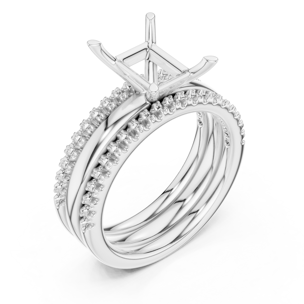 Radiant triple stack pave bridal set white gold angle view