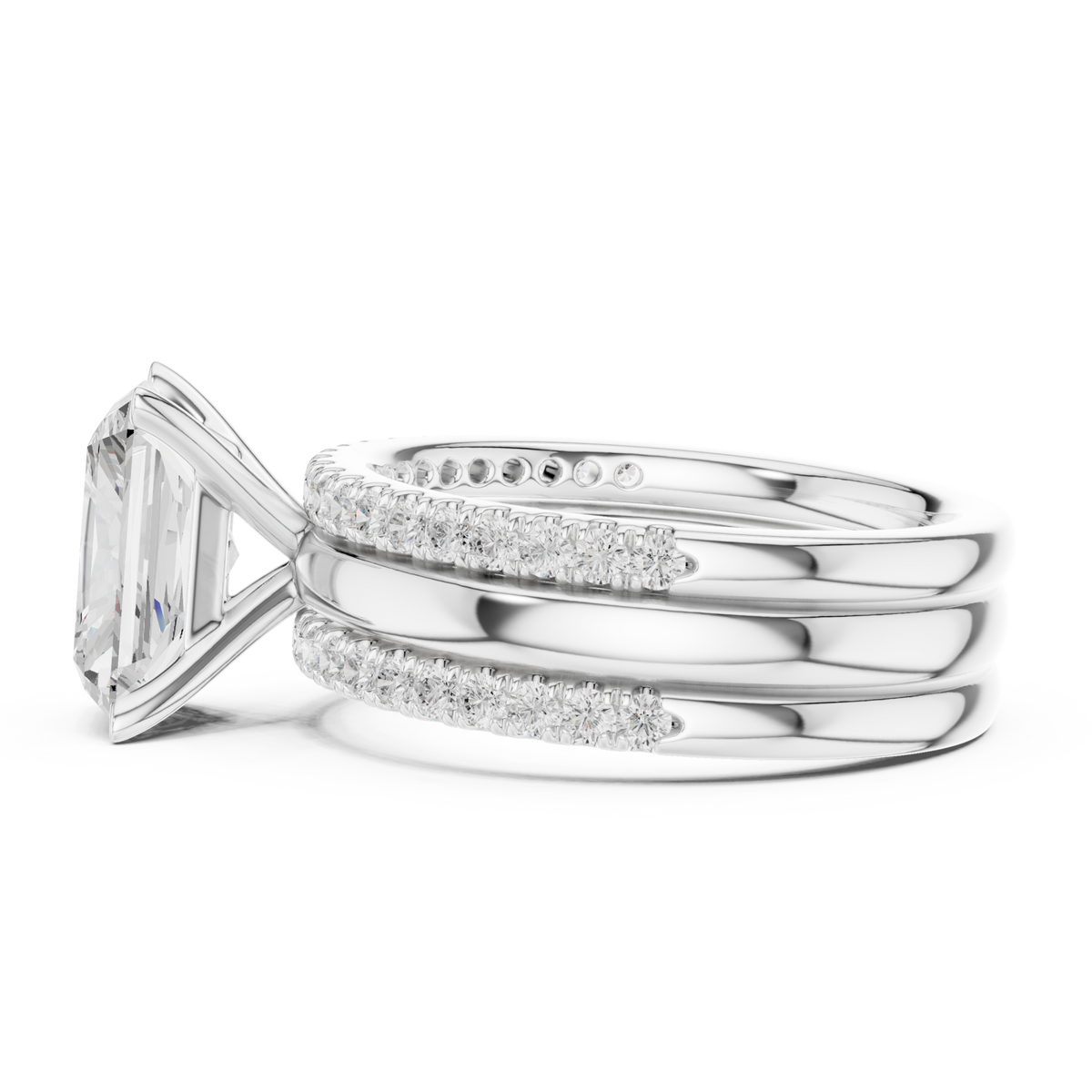 Radiant triple stack pave bridal set white gold side view