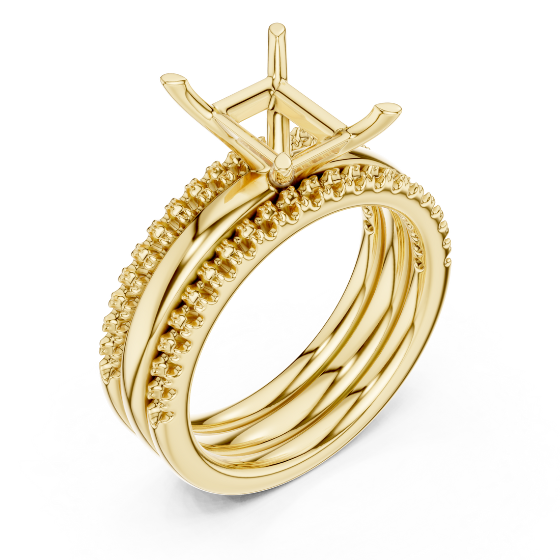 Radiant triple stack pave bridal set yellow gold front view