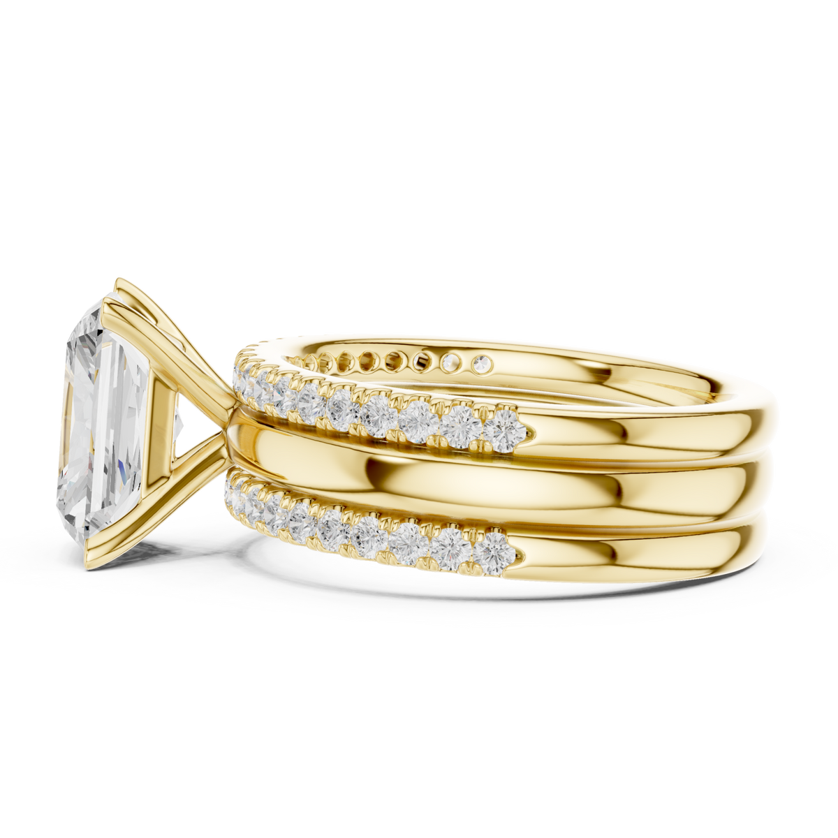 Radiant triple stack pave bridal set yellow gold side view