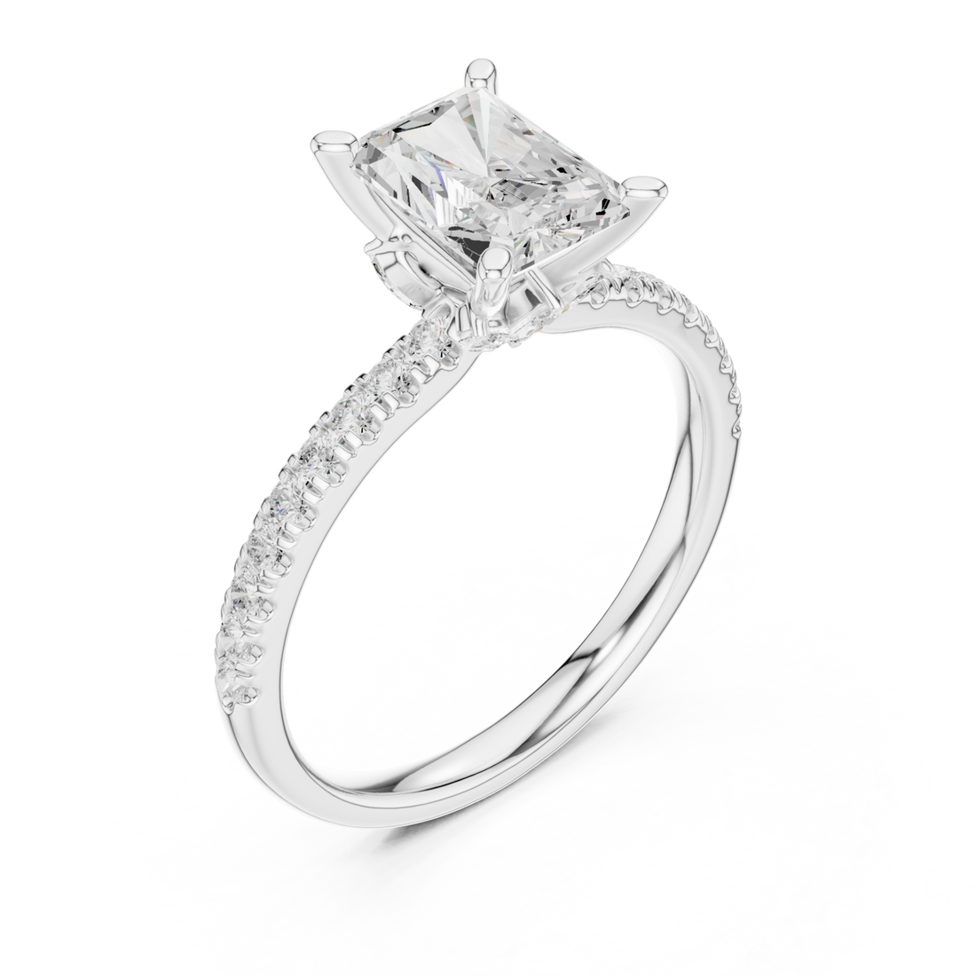 Radiant tulip basket pave engagement ring white gold front view