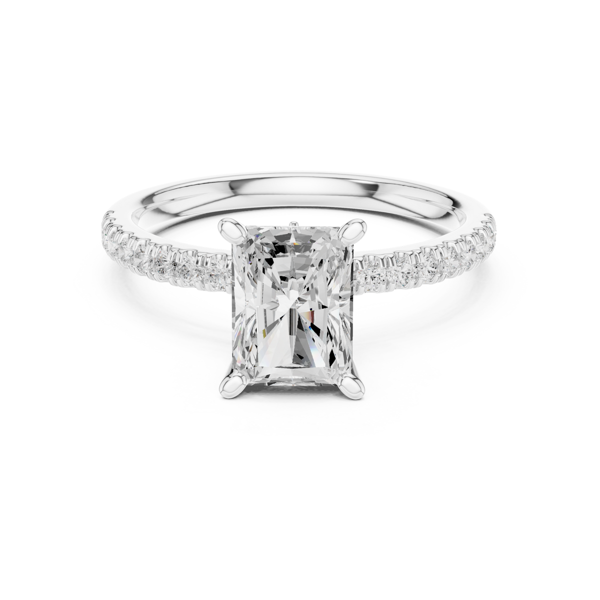 Radiant tulip basket pave engagement ring white gold detail view