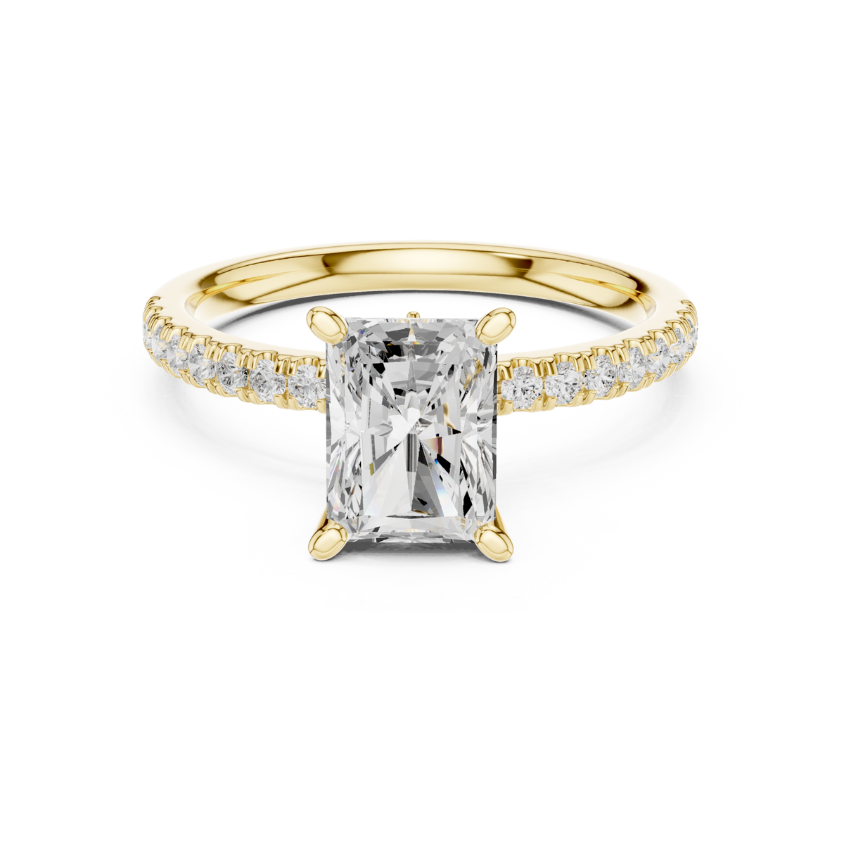 Radiant tulip basket pave engagement ring yellow gold detail view