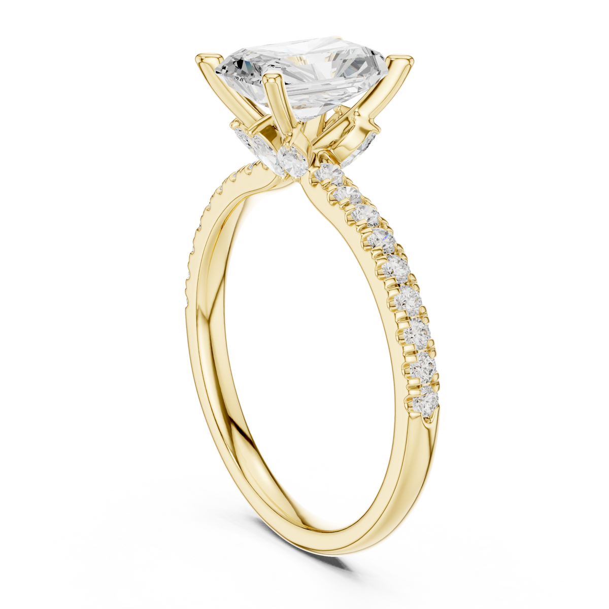 Radiant tulip basket pave engagement ring yellow gold front view