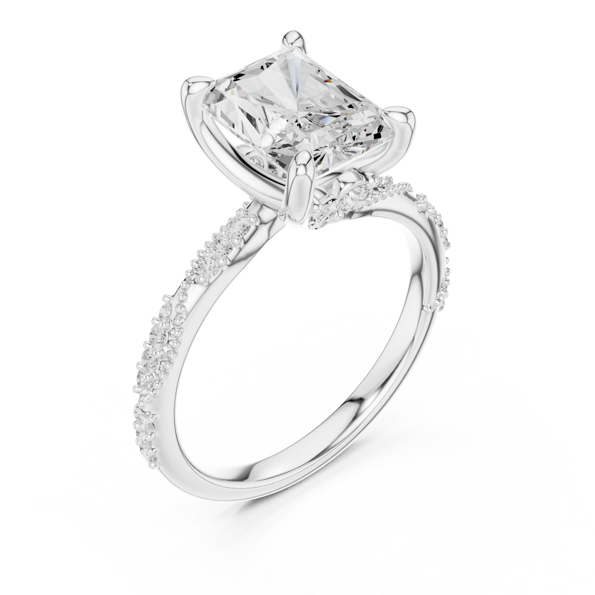 Radiant twist pave engagement ring white gold angle view