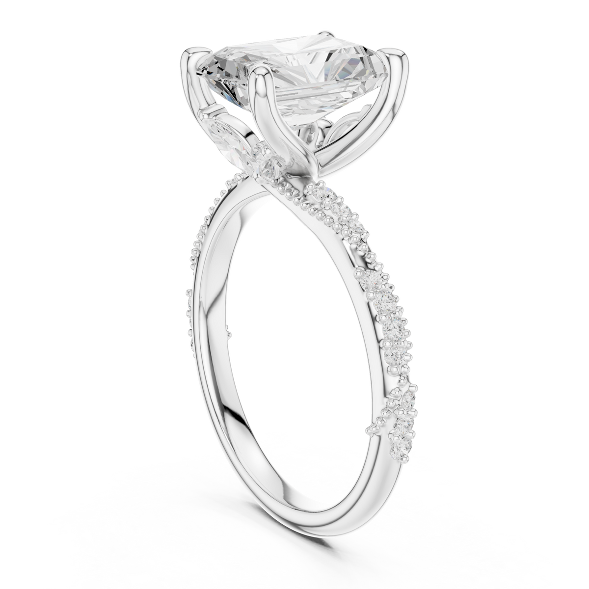 Radiant twist pave engagement ring white gold front view