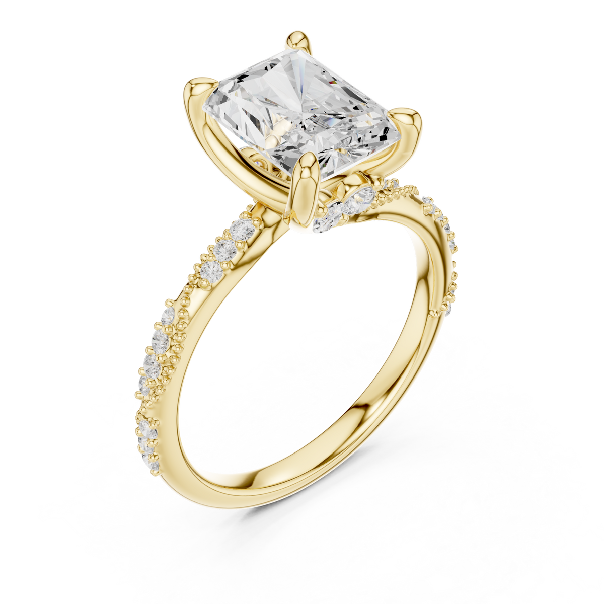 Radiant twist pave engagement ring yellow gold angle view