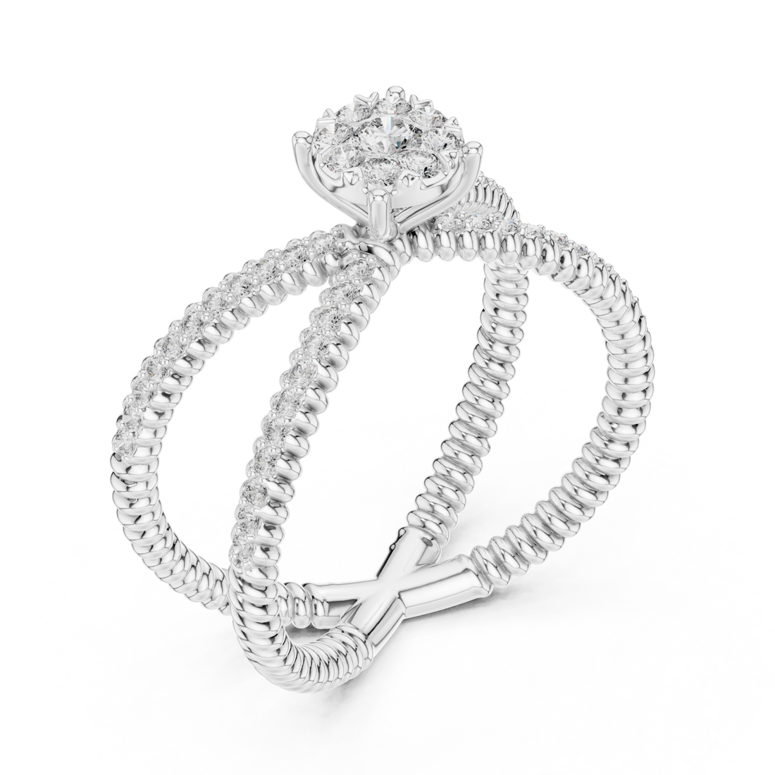 Rope cage crossover ring white gold front view