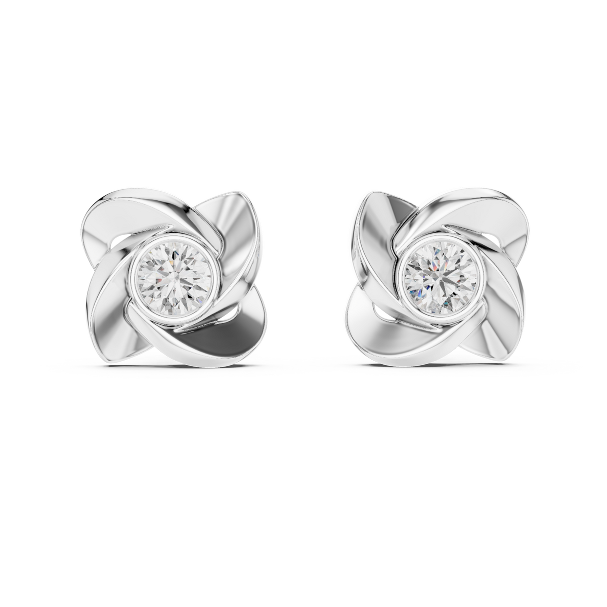  White Gold Rose Petal Bezel Solitaire Studs Detail View