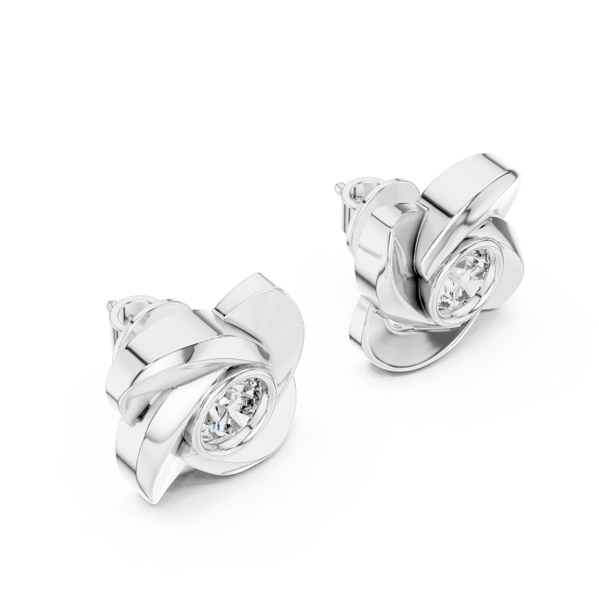  White Gold Rose Petal Bezel Solitaire Studs Front View