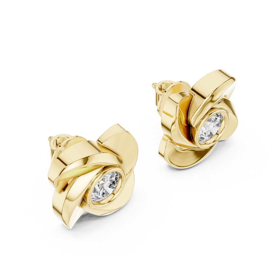 Gold Rose Petal Bezel Solitaire Studs Front View