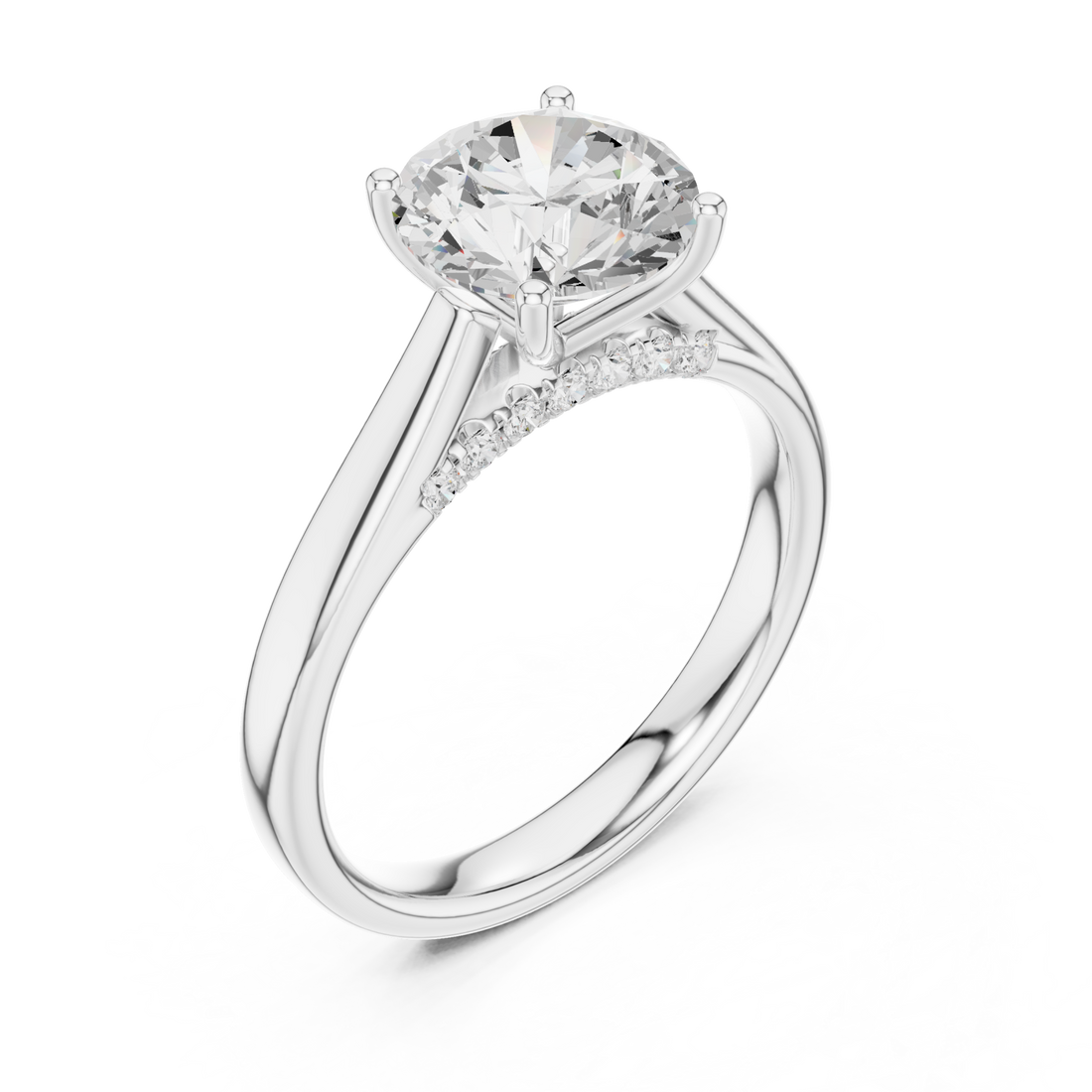 Round accent shoulder cathedral solitaire engagement ring white gold front view