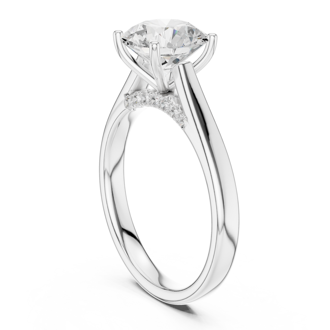 Round accent shoulder cathedral solitaire engagement ring white gold front view