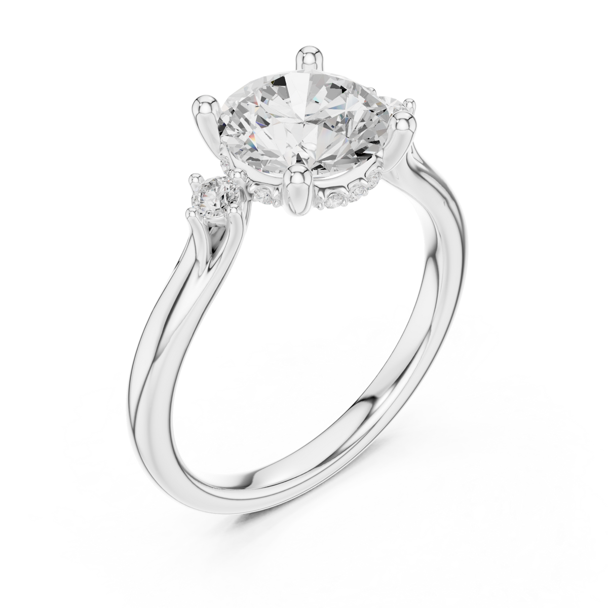 Round accent three stone engagement ring white gold angle view