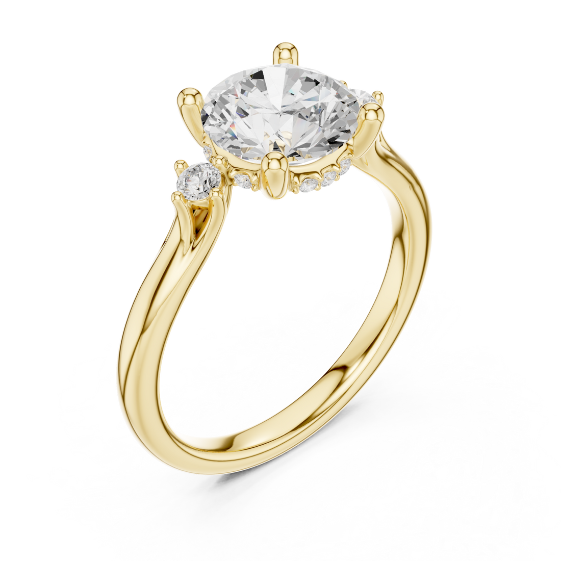Round accent three stone engagement ring yellow gold front view