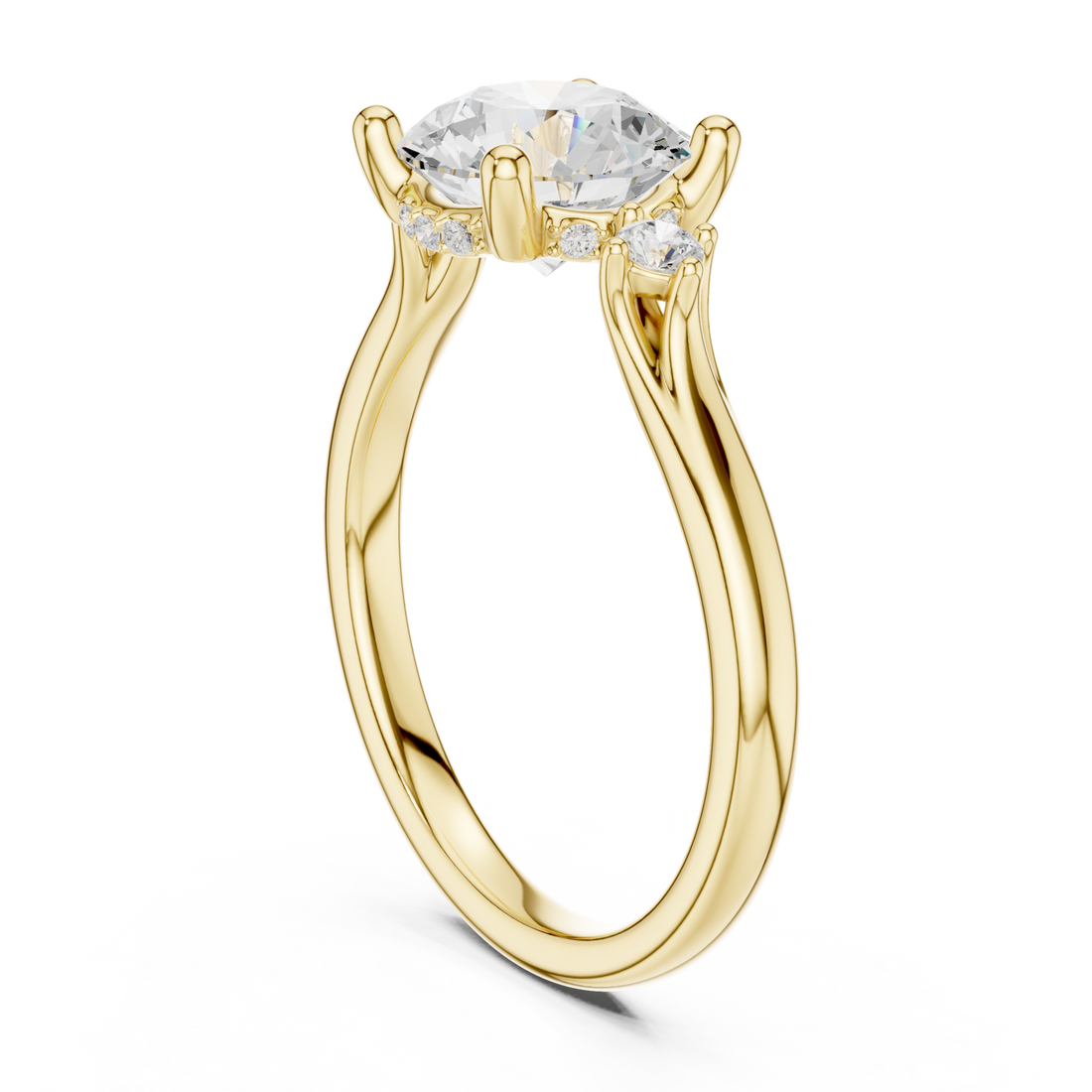 Round accent three stone engagement ring yellow gold front view