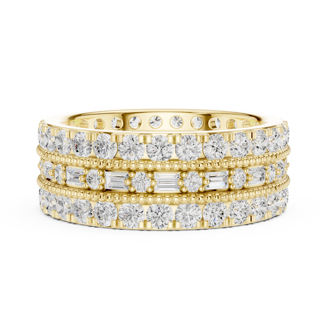 Round and baguette triple row eternity band yellow gold front view