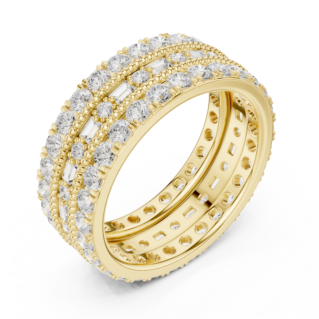 Round and baguette triple row eternity band yellow gold front view