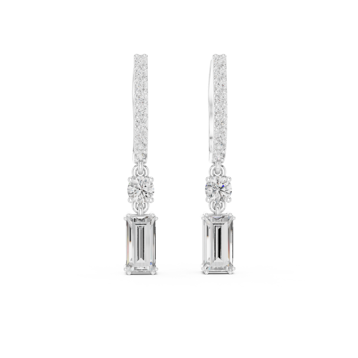  White Gold Round and Emerald-Cut Linear Drops Detail View