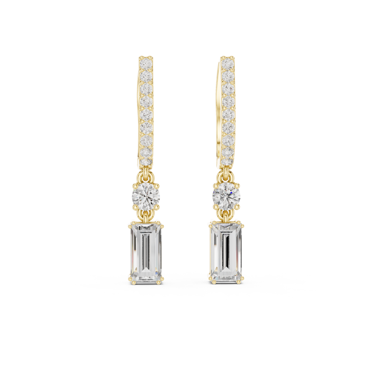  Gold Round and Emerald-Cut Linear Drops Detail View