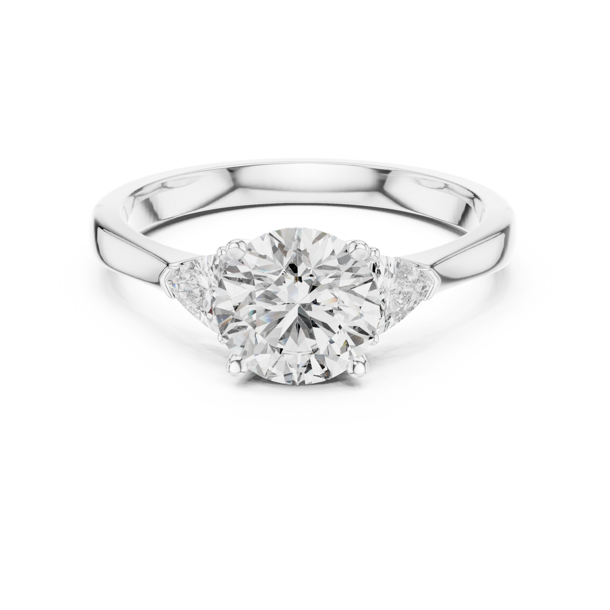 Round and trillion three stone ring white gold detail view