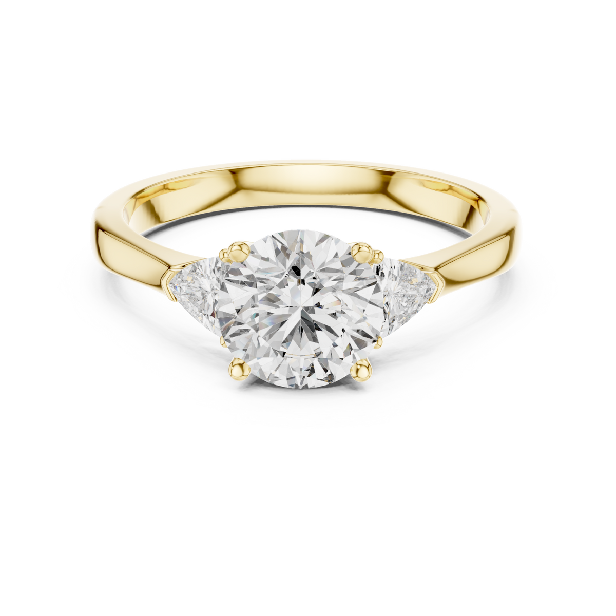 Round and trillion three stone ring yellow gold detail view